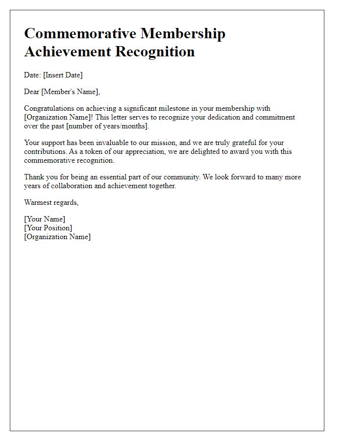 Letter template of commemorative membership achievement recognition