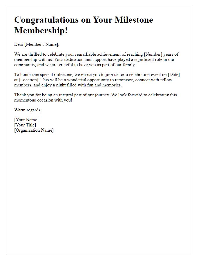 Letter template of commemorative membership milestone celebration message