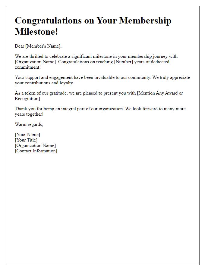 Letter template of commemorative membership milestone congratulations