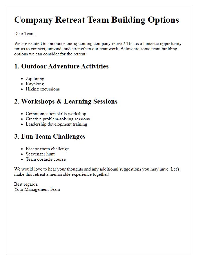 Letter template of company retreat team building options for staff.