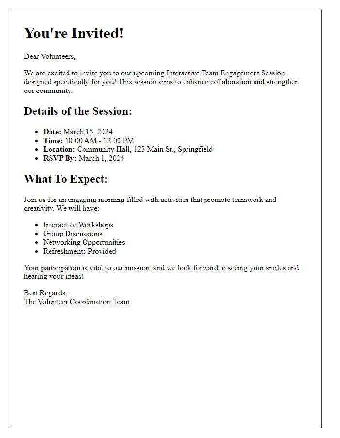 Letter template of interactive team engagement session for volunteers.