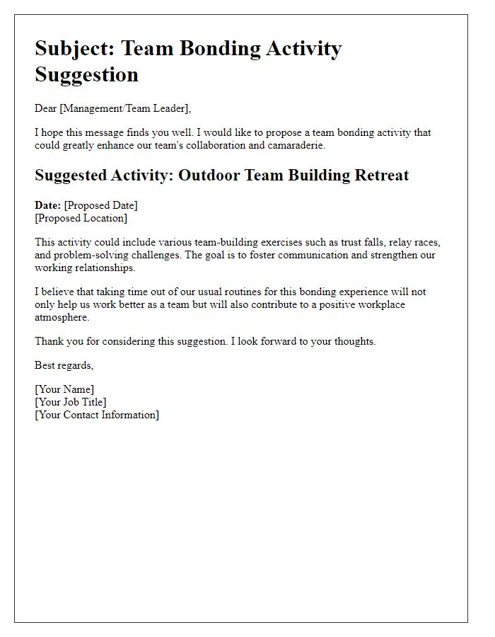 Letter template of team bonding activity suggestion for management.