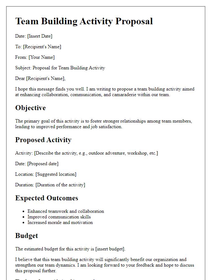 Letter template of team building activity proposal for corporate planning.