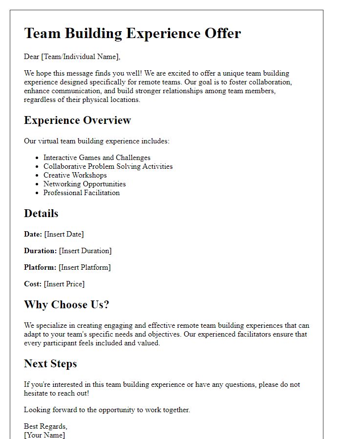 Letter template of team building experience offer for remote teams.