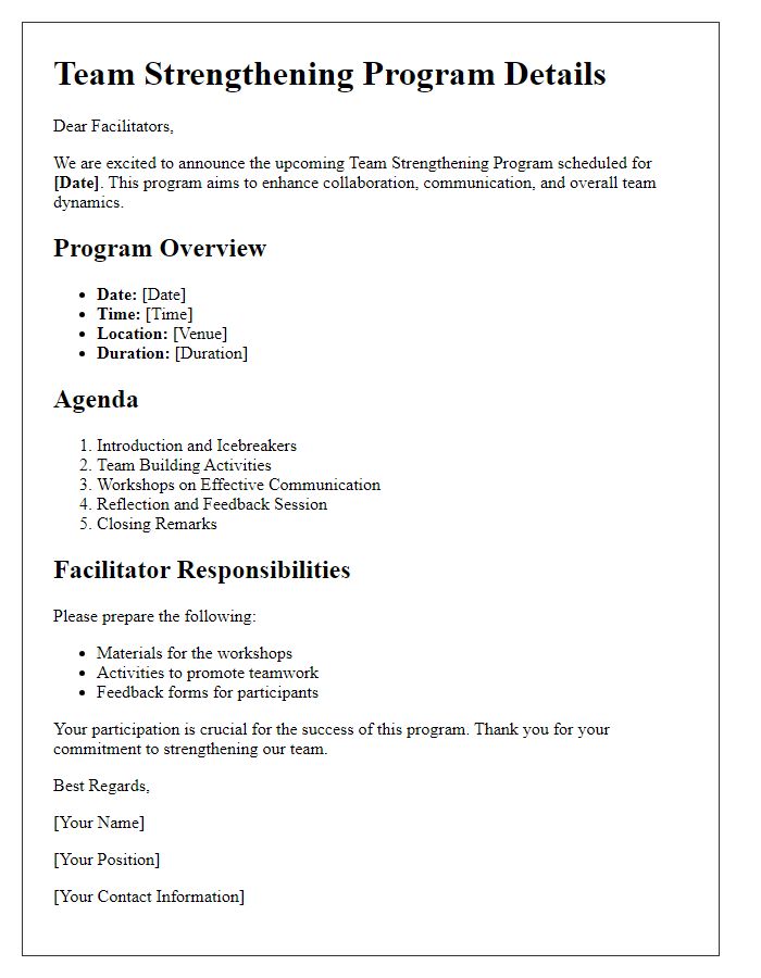 Letter template of team strengthening program details for facilitators.