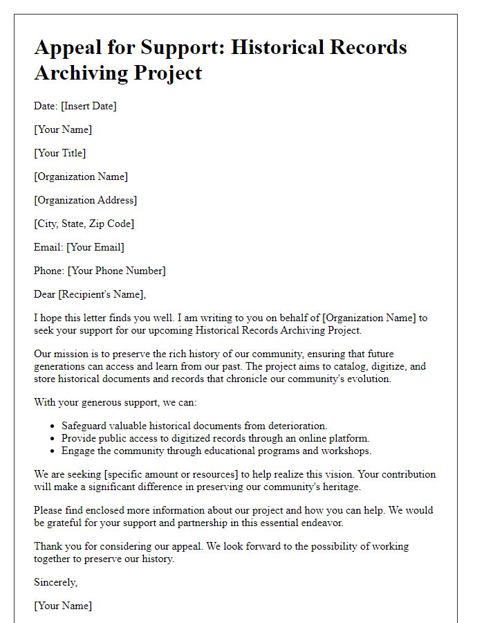 Letter template of historical records archiving project appeal