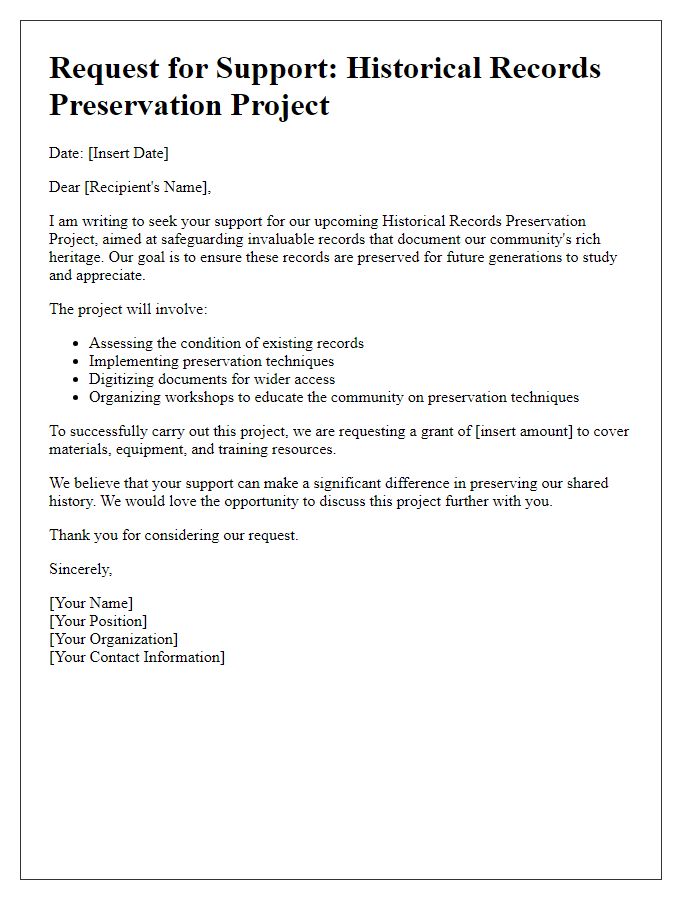 Letter template of historical records preservation project request