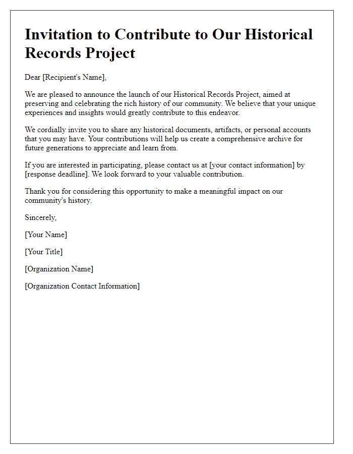 Letter template of historical records project contribution invitation