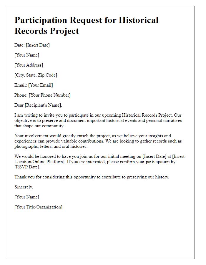 Letter template of historical records project participation request