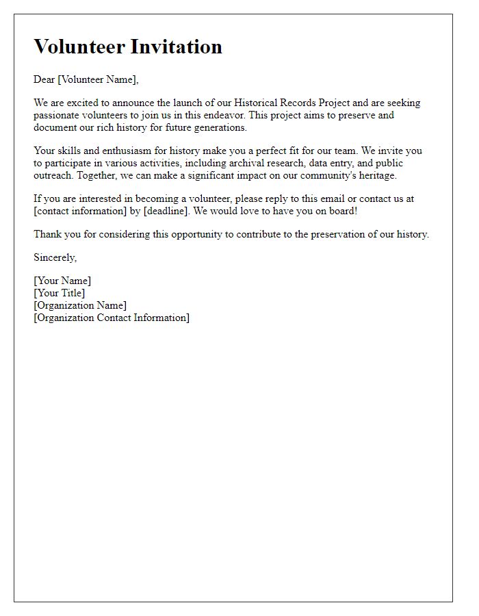 Letter template of historical records project volunteer invitation