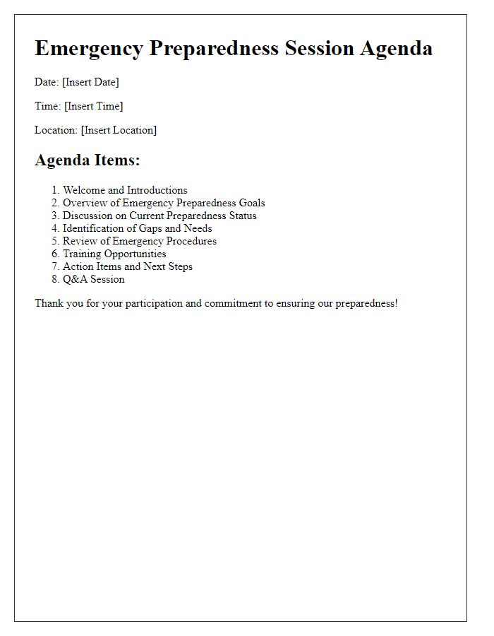 Letter template of agenda for emergency preparedness session