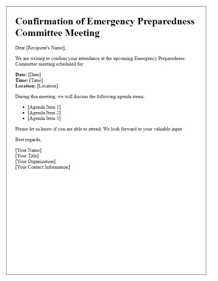 Letter template of confirmation for emergency preparedness committee meeting