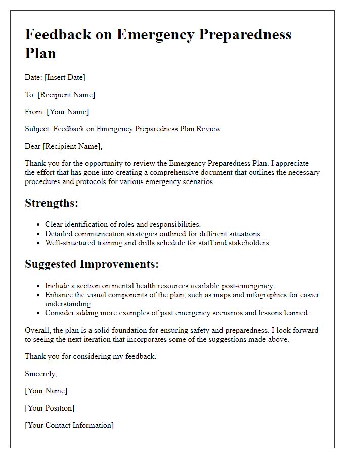 Letter template of feedback for emergency preparedness plan review