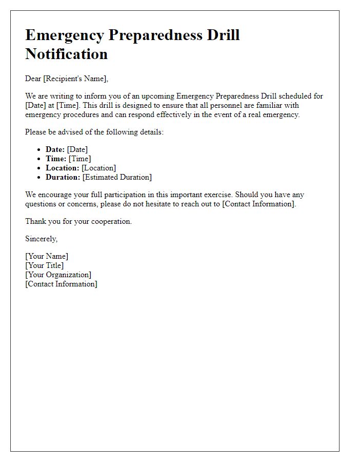 Letter template of notification for emergency preparedness drill