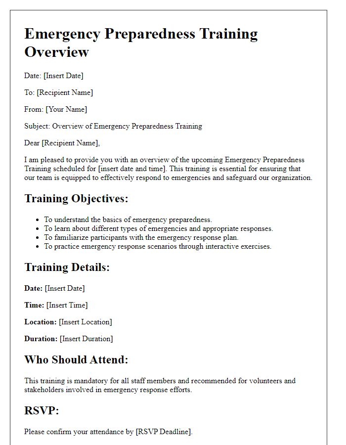 Letter template of overview for emergency preparedness training