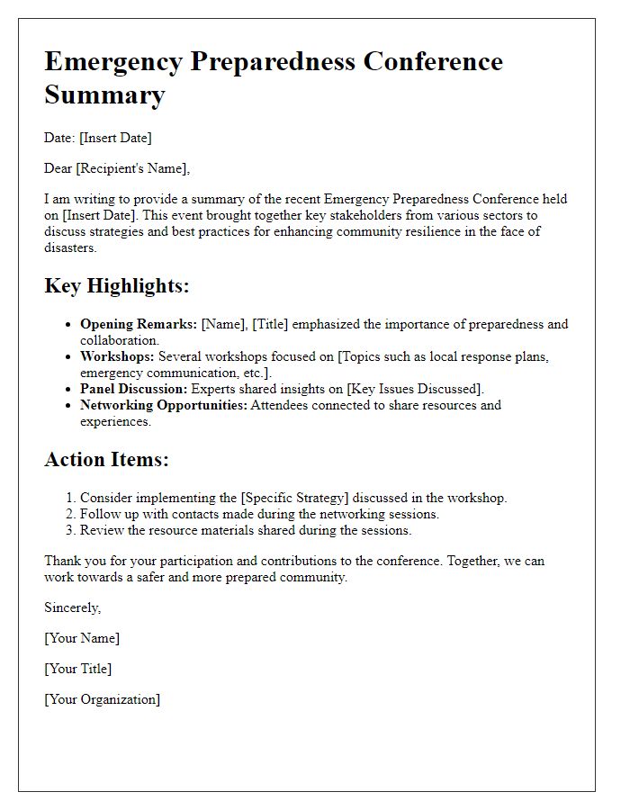 Letter template of summary for emergency preparedness conference