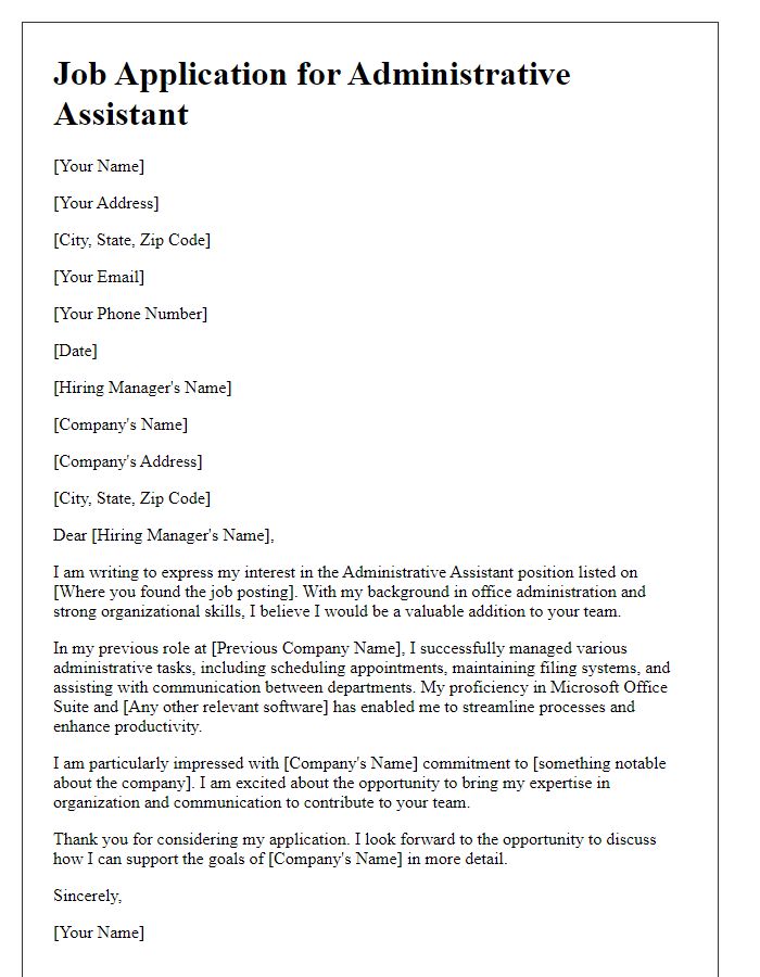 Letter template of job application for an administrative assistant