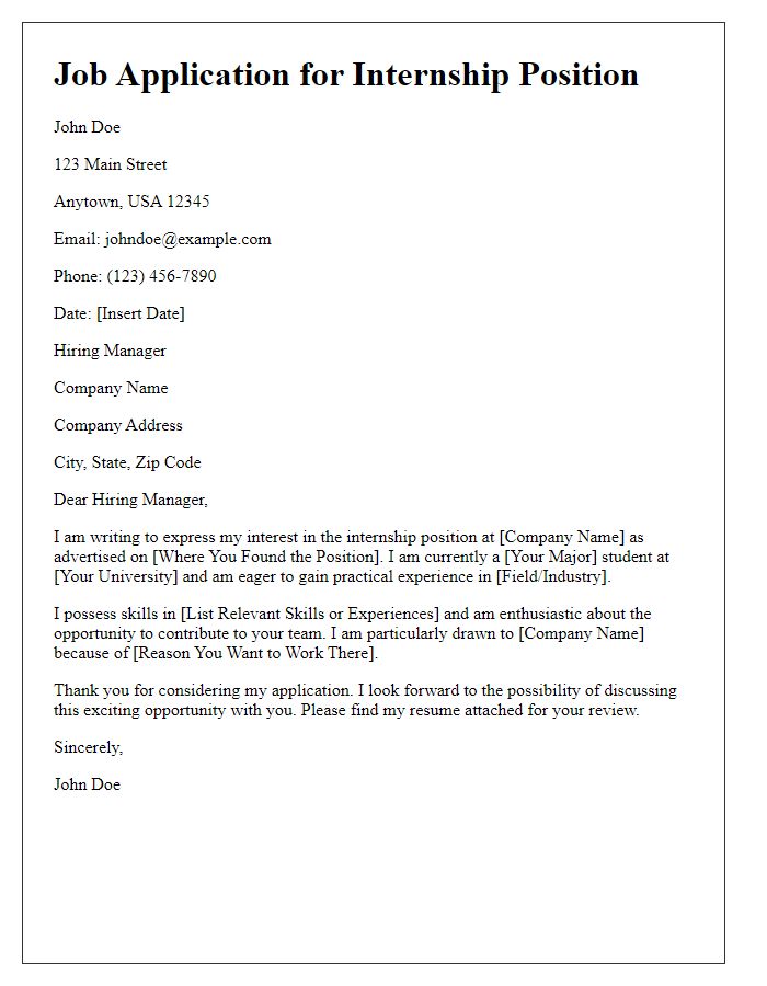 Letter template of job application for an internship