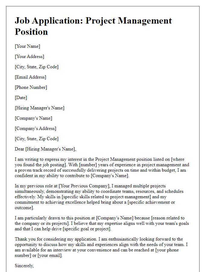 Letter template of job application for a project management opportunity