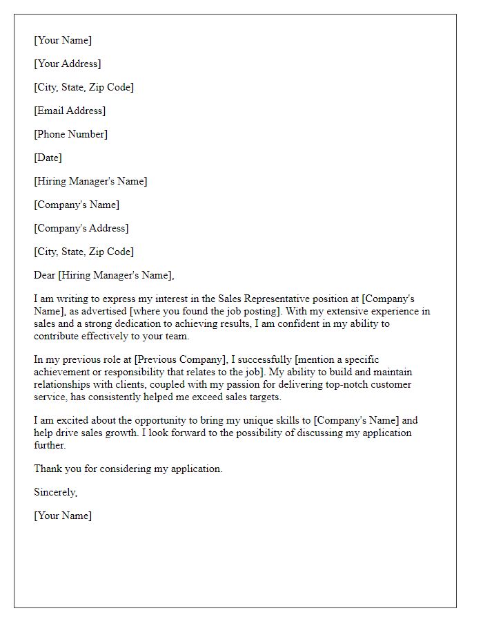 Letter template of job application for a sales representative