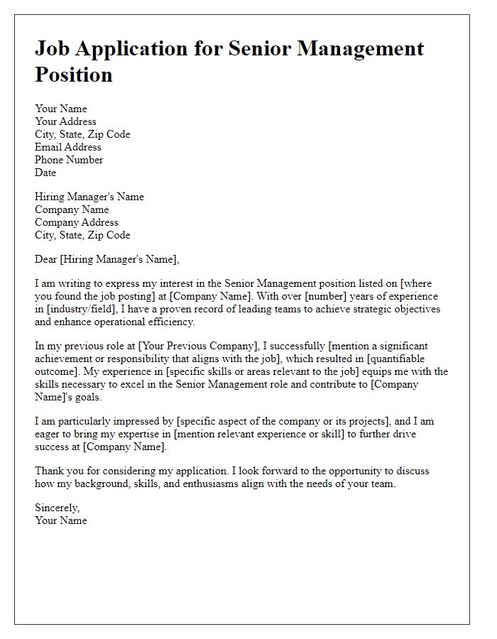 Letter template of job application for a senior management role