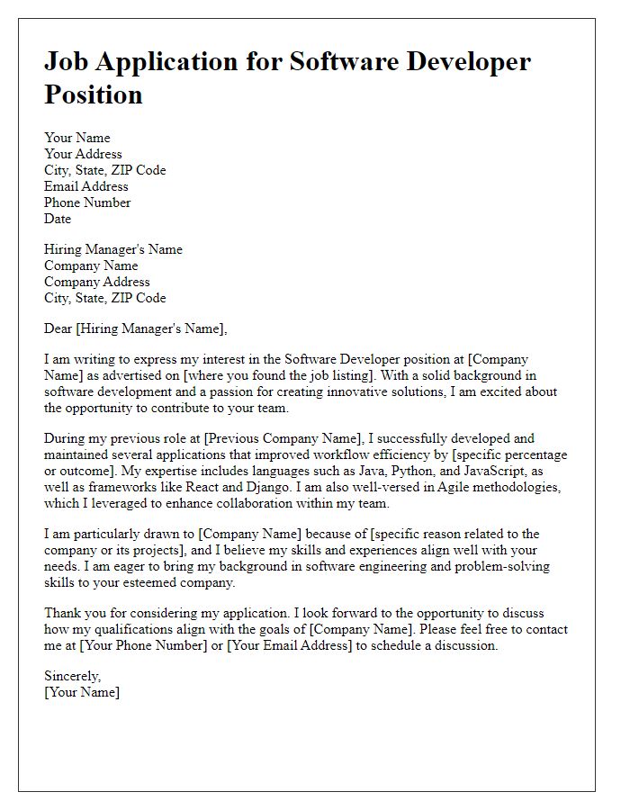 Letter template of job application for a software developer role