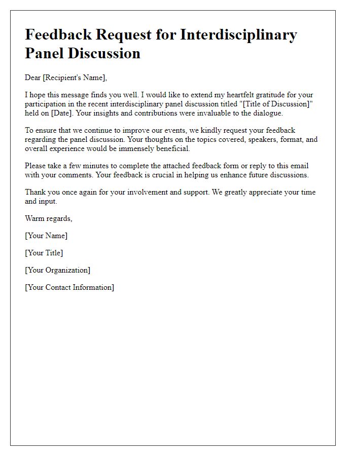 Letter template of feedback request for an interdisciplinary panel discussion.