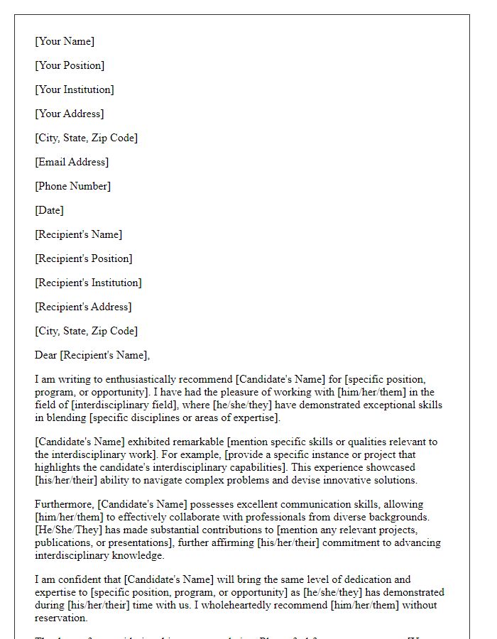 Letter template of recommendation for experts in interdisciplinary fields.