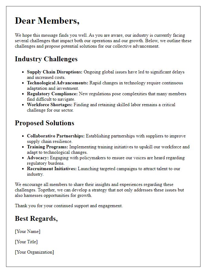 Letter template of industry challenges and solutions to members