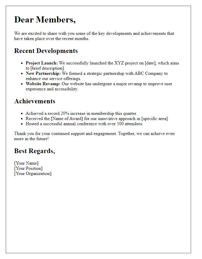 Letter template of key developments and achievements to members