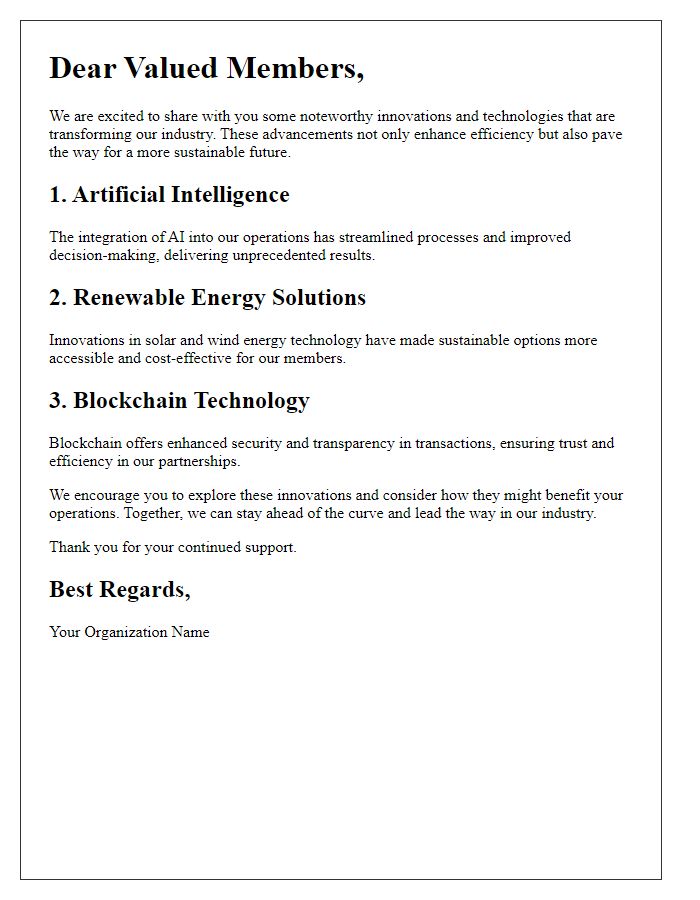 Letter template of noteworthy innovations and technologies to members