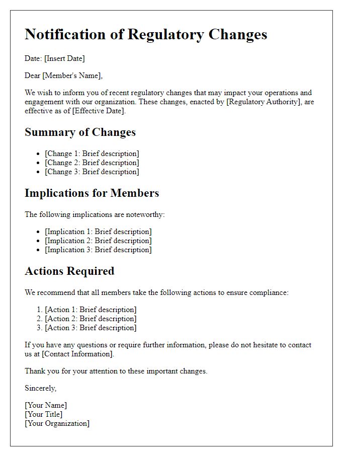 Letter template of regulatory changes and implications to members