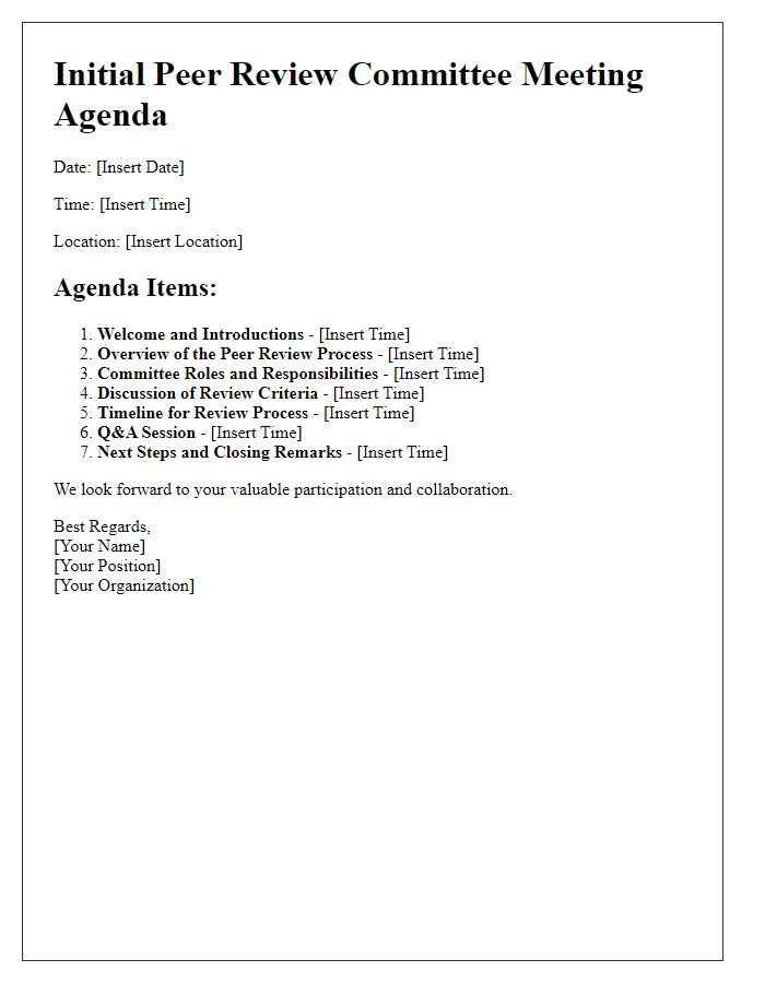 Letter template of agenda for initial peer review committee meeting