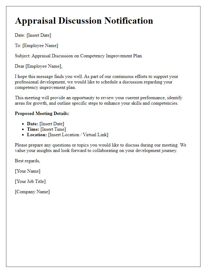 Letter template of appraisal discussion on competency improvement plan.