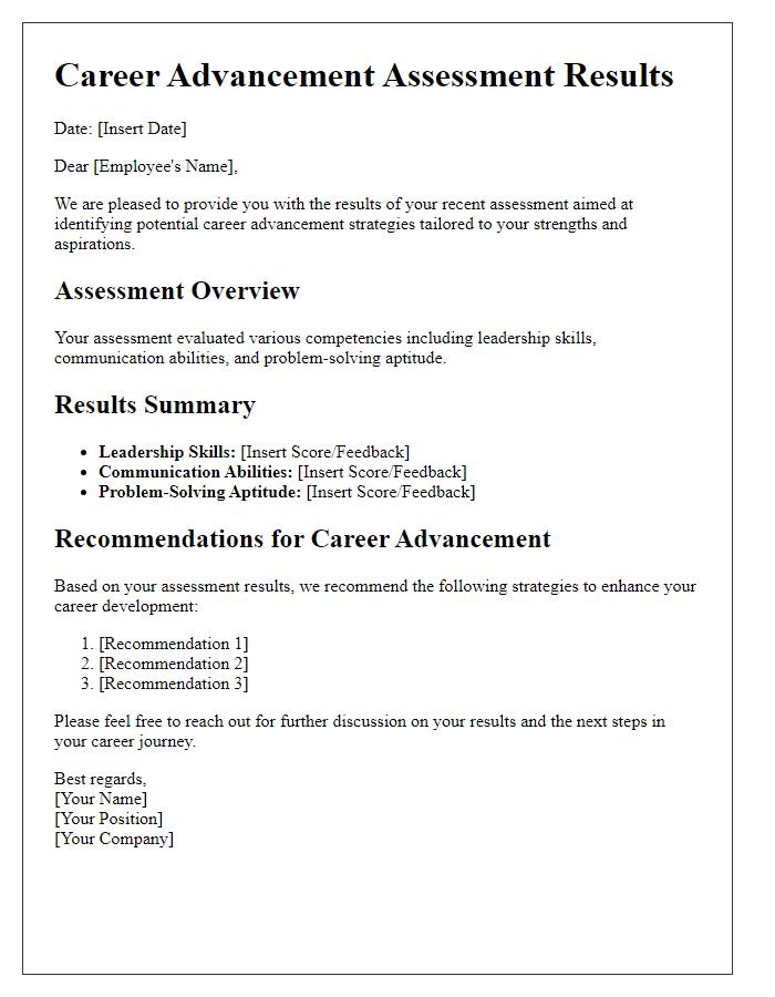 Letter template of assessment results for career advancement strategies.