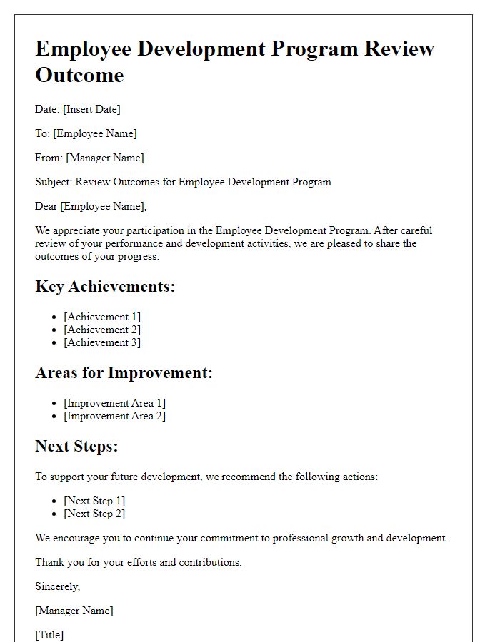 Letter template of review outcomes for employee development programs.