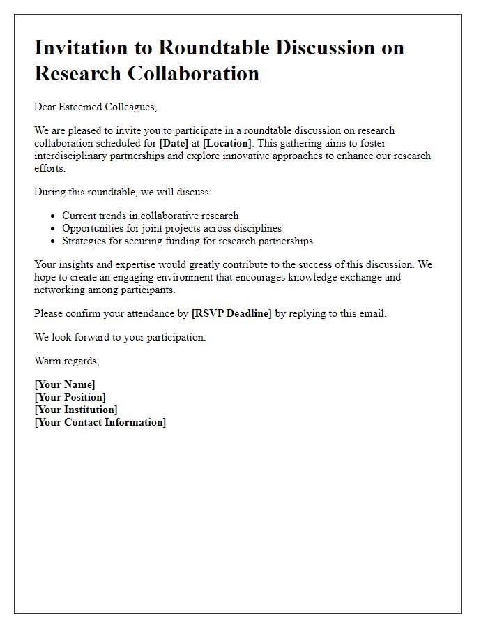 Letter template of call for academics to a roundtable discussion on research collaboration.