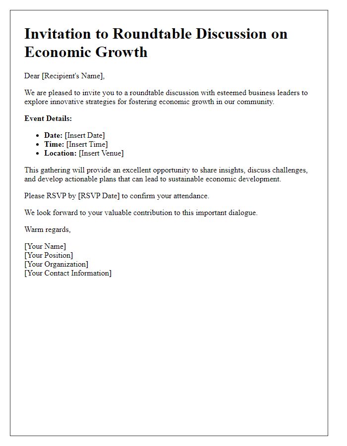 Letter template of invitation for business leaders to a roundtable discussion on economic growth.