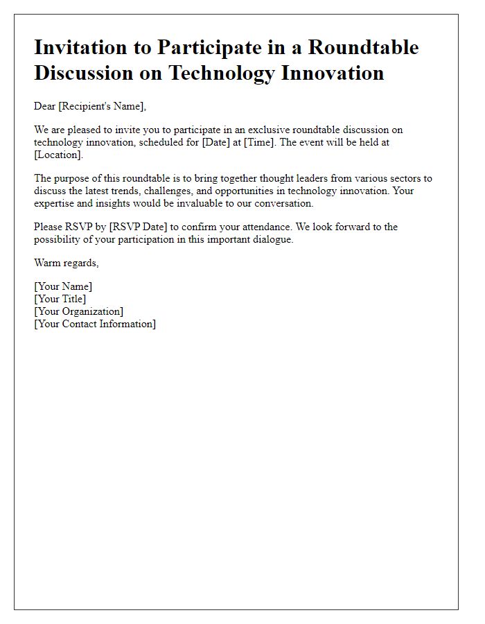 Letter template of invitation to participate in a roundtable discussion on technology innovation.