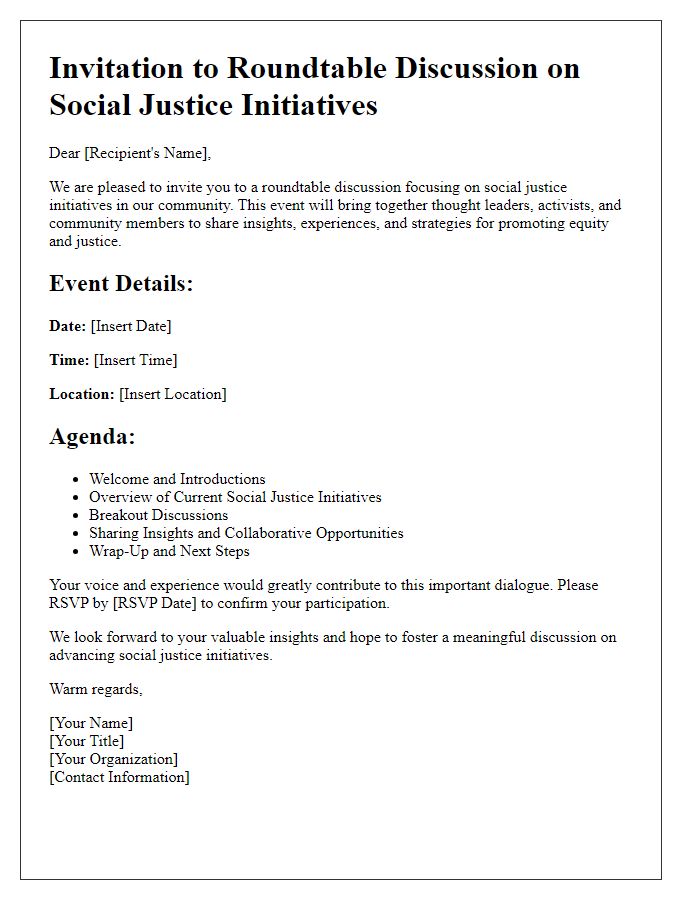 Letter template of invitation to a roundtable discussion on social justice initiatives.