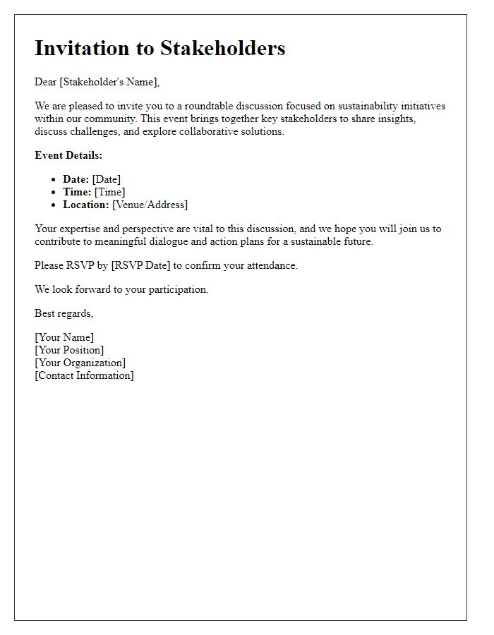 Letter template of invitation for stakeholders to a roundtable discussion on sustainability.