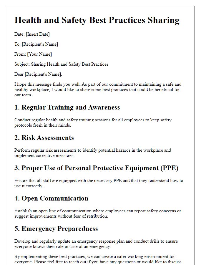 Letter template of health and safety best practices sharing.