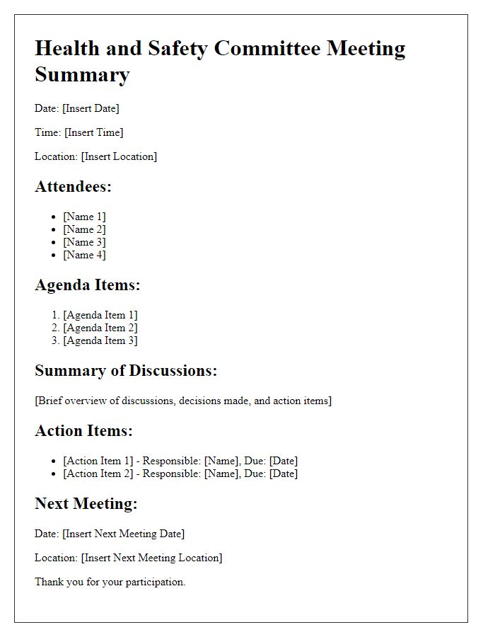 Letter template of health and safety committee meeting summary.