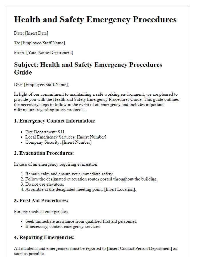 Letter template of health and safety emergency procedures guide.