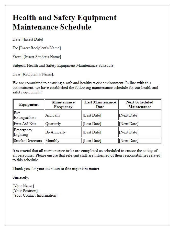 Letter template of health and safety equipment maintenance schedule.