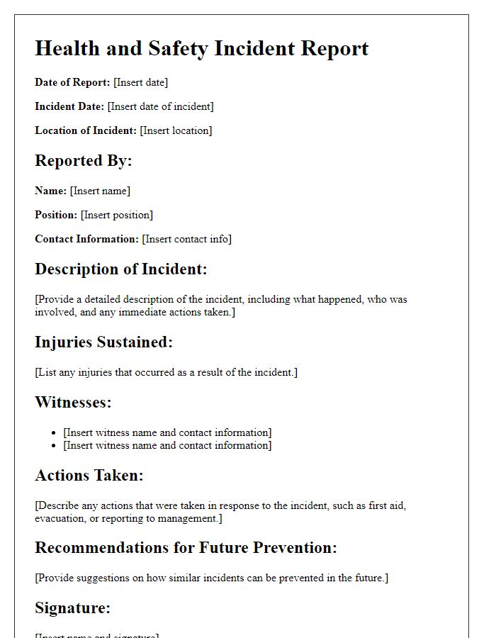 Letter template of health and safety incident report.