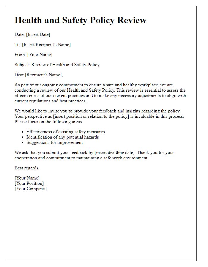 Letter template of health and safety policy review.