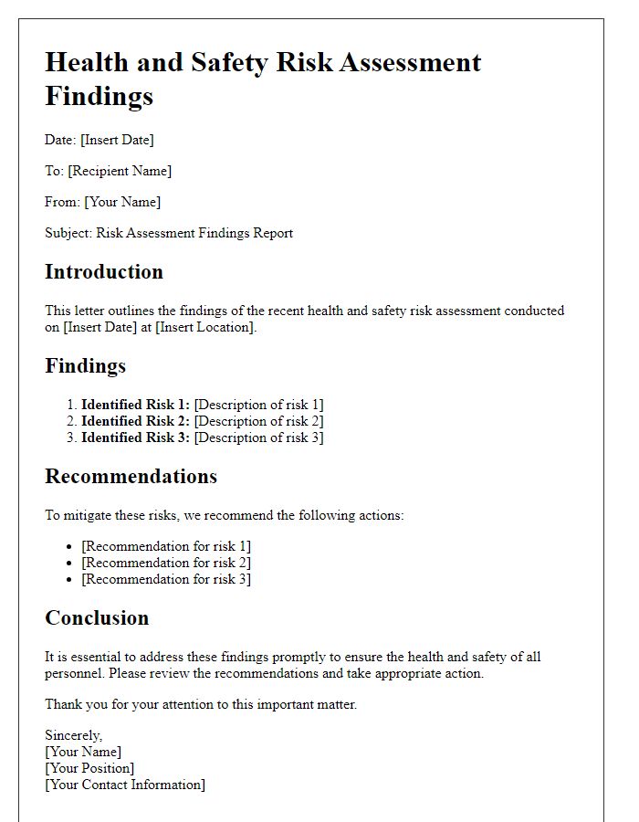 Letter template of health and safety risk assessment findings.