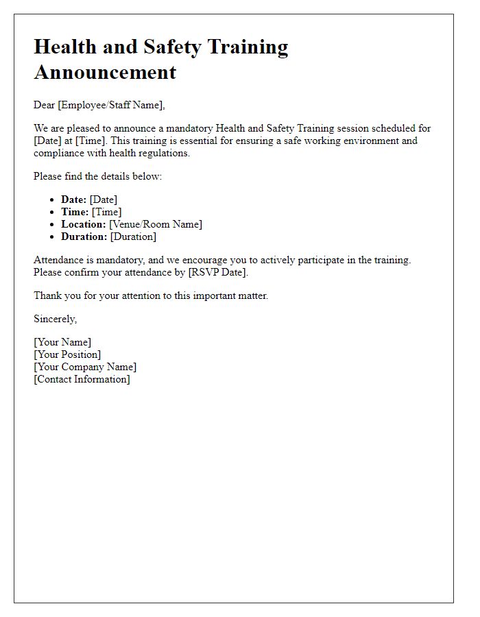 Letter template of health and safety training announcement.