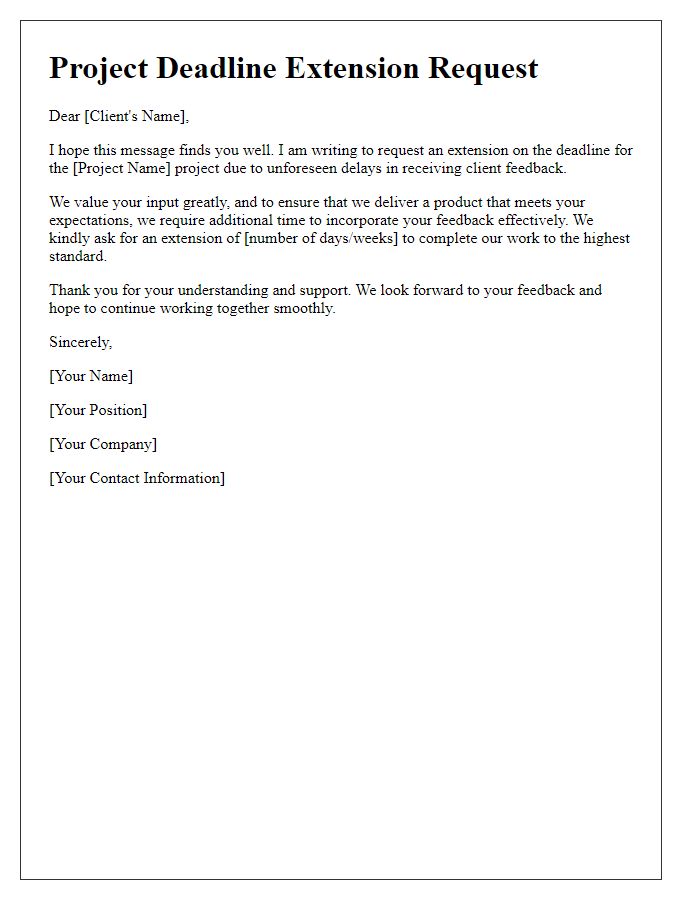 Letter template of project deadline extension request for client feedback delays.